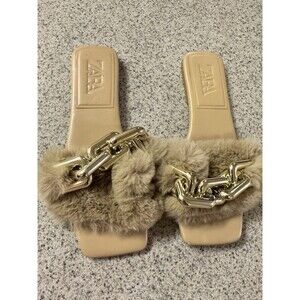ZARA Low Heel Faux Fur Chain Sandals/flats With Buckle Sz 6.5 gold hardware EUC